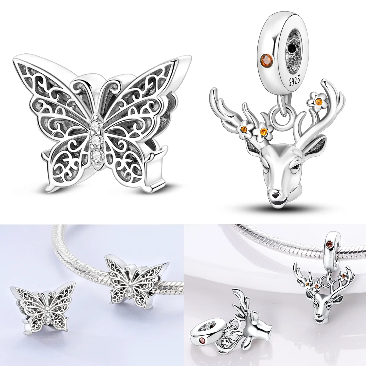 

925 Sterling Silver Hollow-out Butterfly Charms Bead CZ Zircon Elk Pets Dangle Fit Original Bracelet DIY Women Jewelry Gift