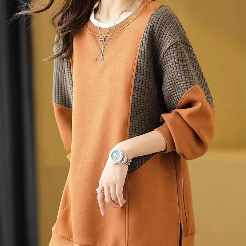 Korean Patchwork Loose Sweatshirts Women\'s Clothing Casual Round Neck 2023 Spring Autumn Fashion Solid Color All-match Pullovers