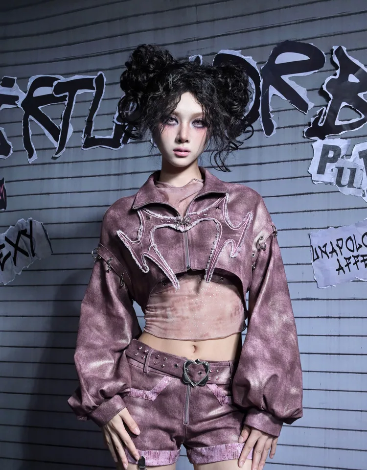 

Original Design Y2k Hot Girls Embroidery Revits Punk Subculture Short Denim Jacket Purple Zipper Sequins Beading Crop Top Coat