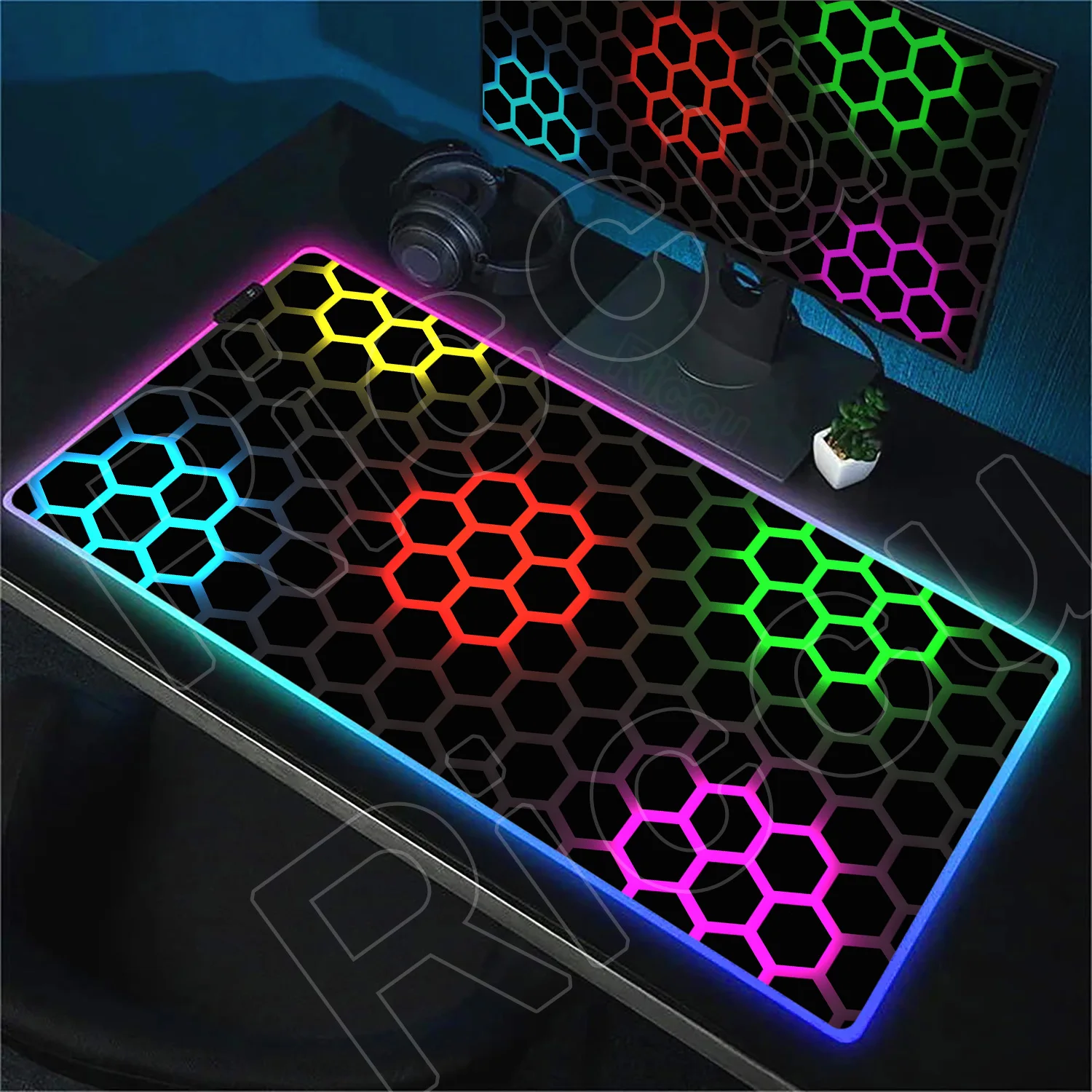 

Geometric Art Non-slip Office Mousepad Luminous RGB Extended Keyboard Hexagon Large Gaming LED Mouse Mat HD Computer Accessories