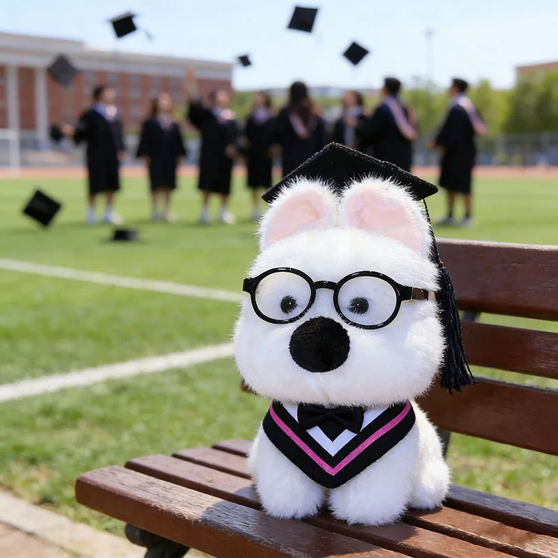 Obrázek 4: Roztomilá maturitní westie pes plyš hračka rozmačkaný plněné štěně živočich panenka s bachelor čepice pro maturitní dar suvenýr domácí dekorace