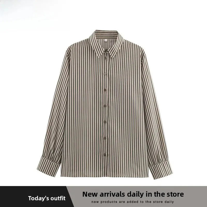 Fashionable Basic Striped Shirt Women's Loose Fit Polyester Fiber Long Sleeve Collar Button down Regular Length Shirt