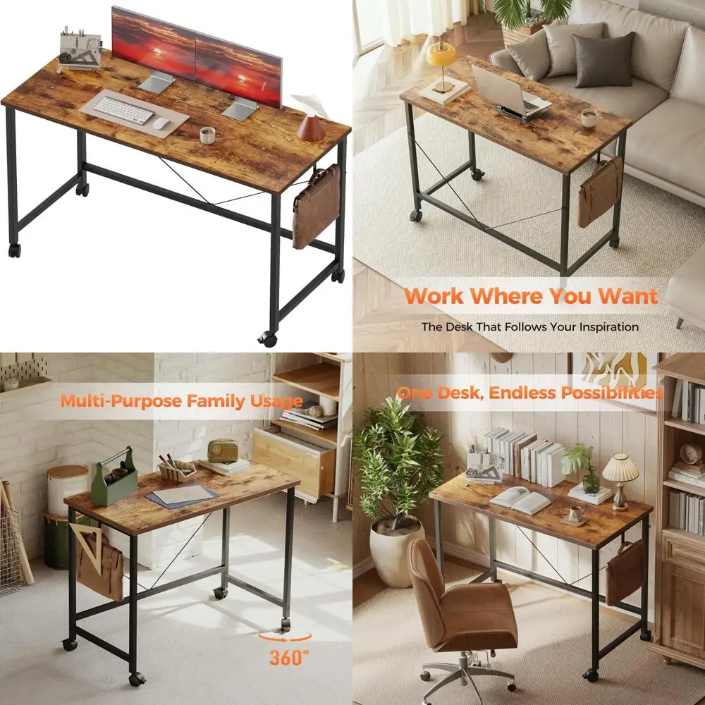 مكتب كمبيوتر مدمج للألعاب مقاس 48 × 24 مع عجلات للمساحات الصغيرة، طاولة دراسة للمكتب المنزلي على الطراز الحديث