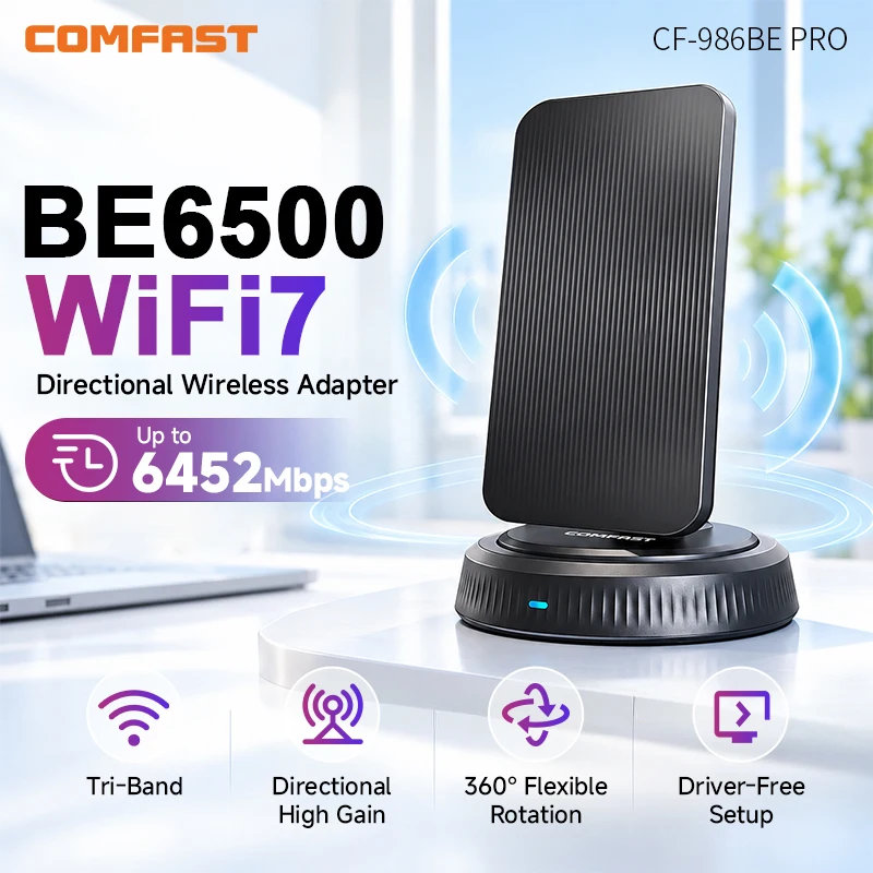 COMFAST WiFi 7 USB Adapter BE6500 Tri-Band 2.4G/5G/6GHz 6500Mbps Wireless Network Card USB3.0 802.11BE Driver-Free for Win10/11