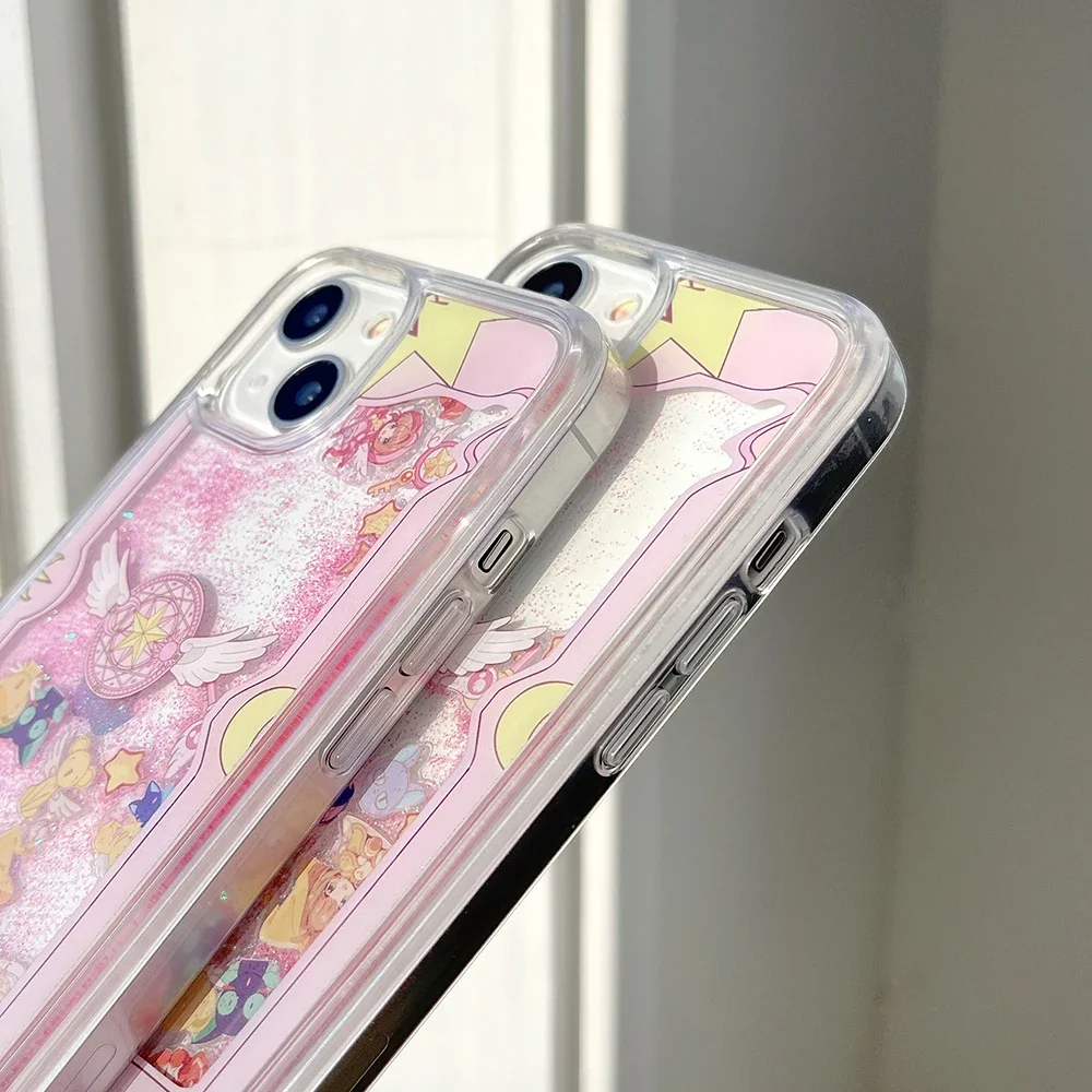 Cute Pink Card Captors Sakuras Transparent Quicksand Phone Case for IPhone 15 14 13 12 11 Pro Max Anti-fall Back Cover