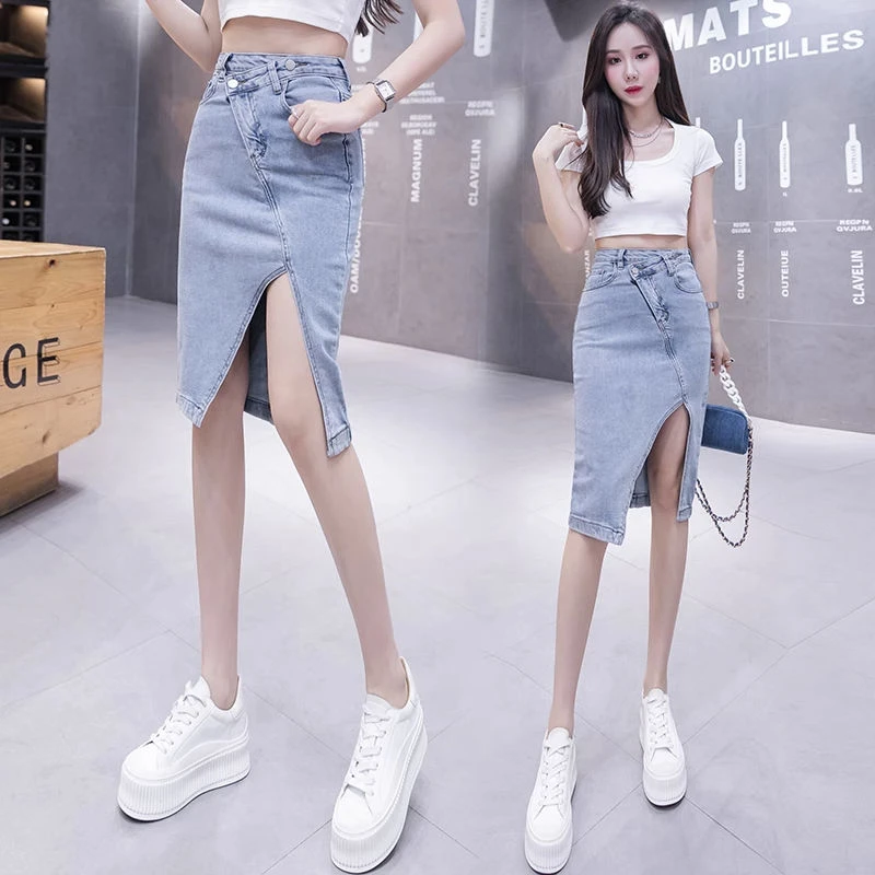 Female Jeans Skirts with Slit Women's Denim Skirt Midi Patchwork Clothing Trend 2024 Korean Fashion Summer Style Aesthetic Sales