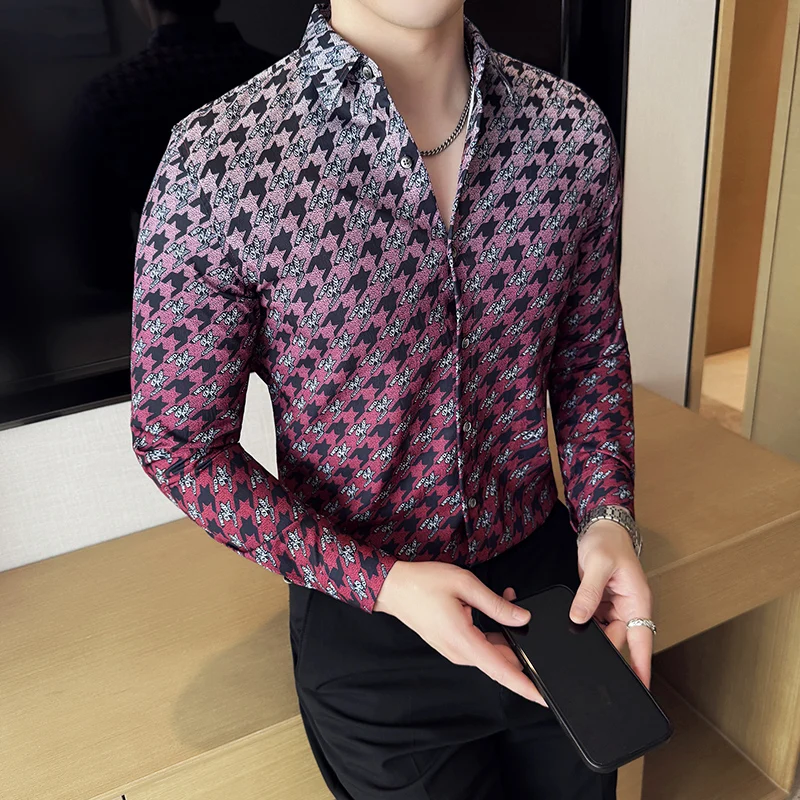 

Houndstooth Print Shirts Men Clothing 2025 New Long Sleeve Gradient Colors Men's Social Shirt Dress Slim Fit Casual Tuxedo 4XL-M