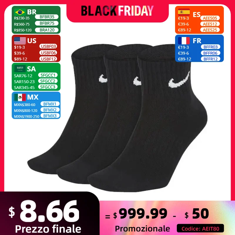 NIKE Unisex Lightweight and quick-drying training socks 3 pairs Autumn support socks Comfortable and soft