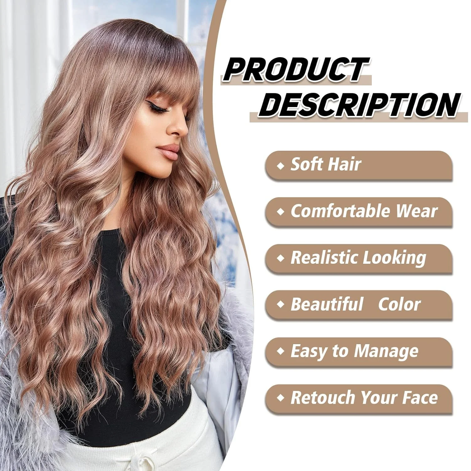 Long Wavy Wig Rose Blonde Wigs for Women 26 Inch Brown Curly Wigs with Bangs Synthetic Heat Resistant Fiber Wigs for Daily Party