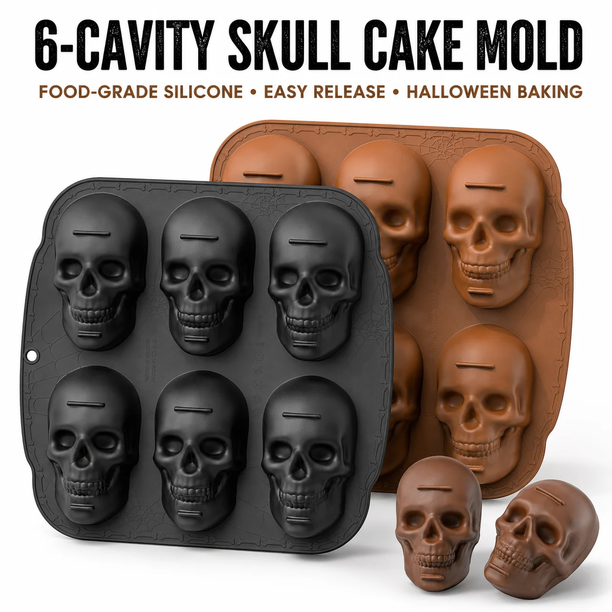 Stampo per Torte a Forma di Teschio con 6 Cavità, in Silicone Alimentare, Facile da Sformare, per Dessert e Cioccolato per Feste di Halloween
