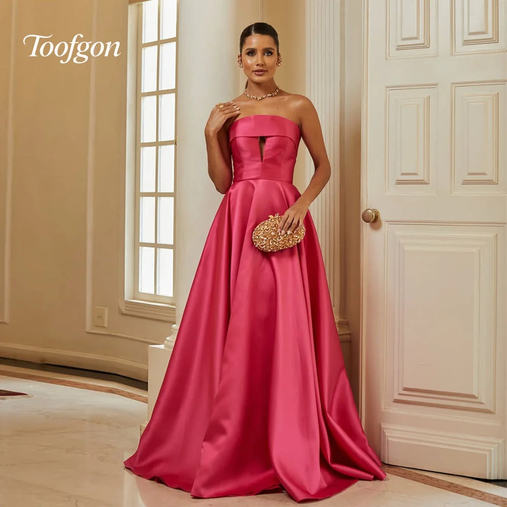 Toofgon rosa quente sem alças vestidos de noite personalizado drapeado cetim a linha formal vestidos de baile espartilho volta vestido de ocasião especial