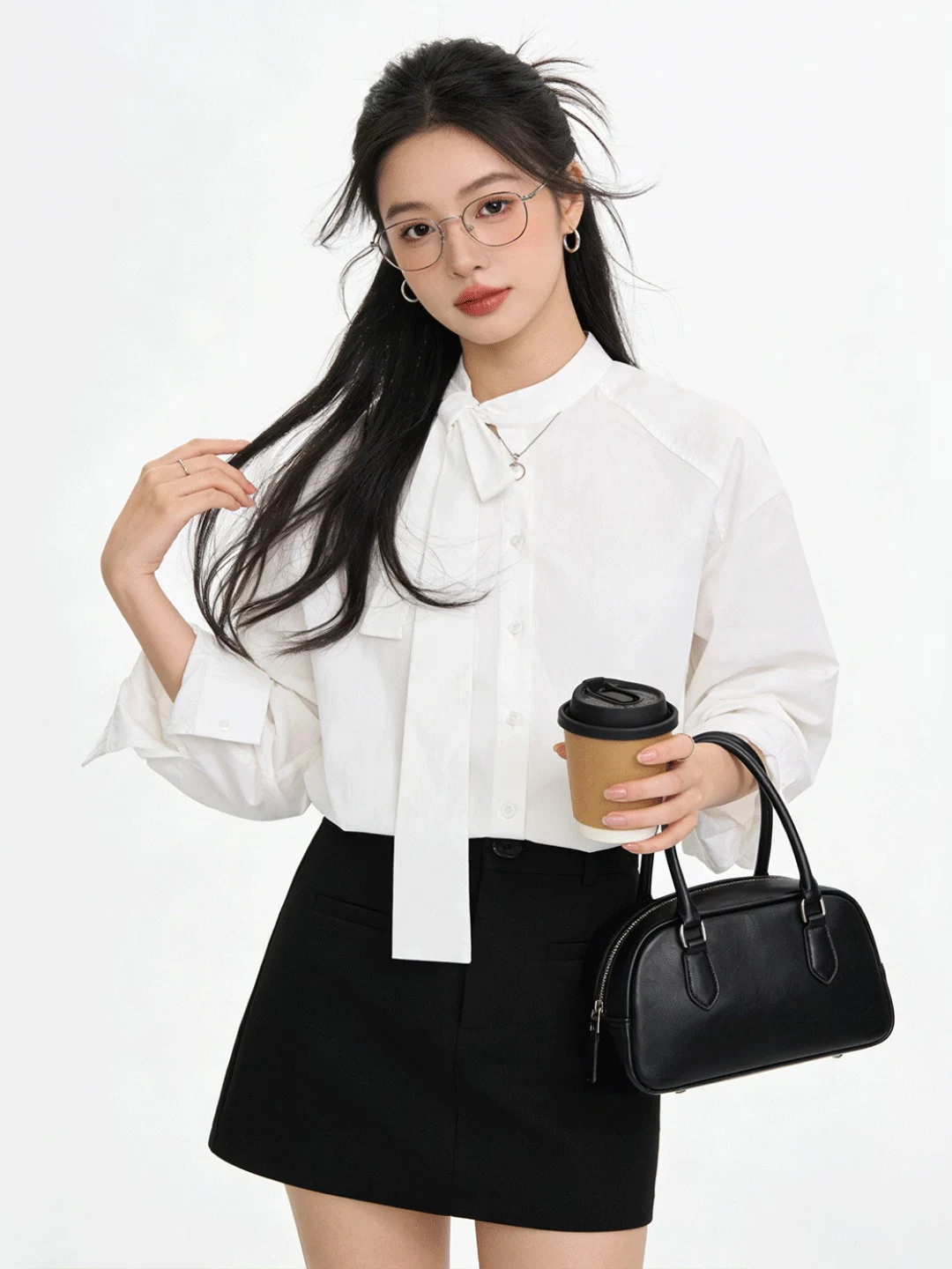 

Ele White Bow Tie irt Simple Faionable Commute Versatile Spring 2026 Women's irt Knot Long Sve Breathable