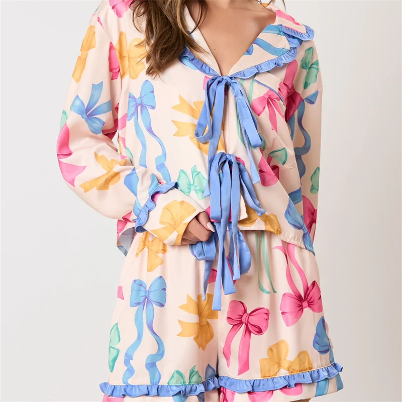 Women’s Two Piece Pajama Set Long Sleeve Bow Tie Front Tops and Shorts Set Loungewear