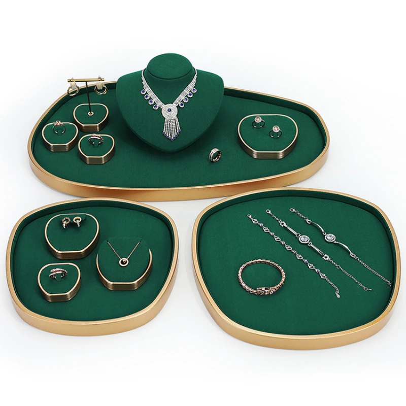 Green microfiber metal jewelry display props, ring display racks, jewelry counters, necklaces, earrings display racks