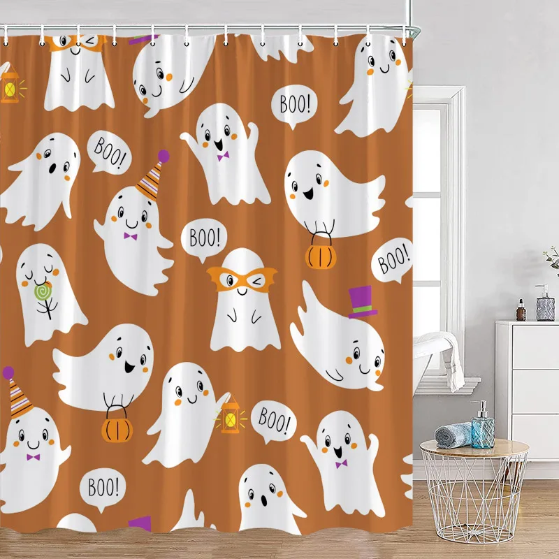 Cute Ghost Shower Curtains White Cartoon Spectre Halloween Bath Curtain Set Black Kids Home Bathroom Decor Polyester with Hooks