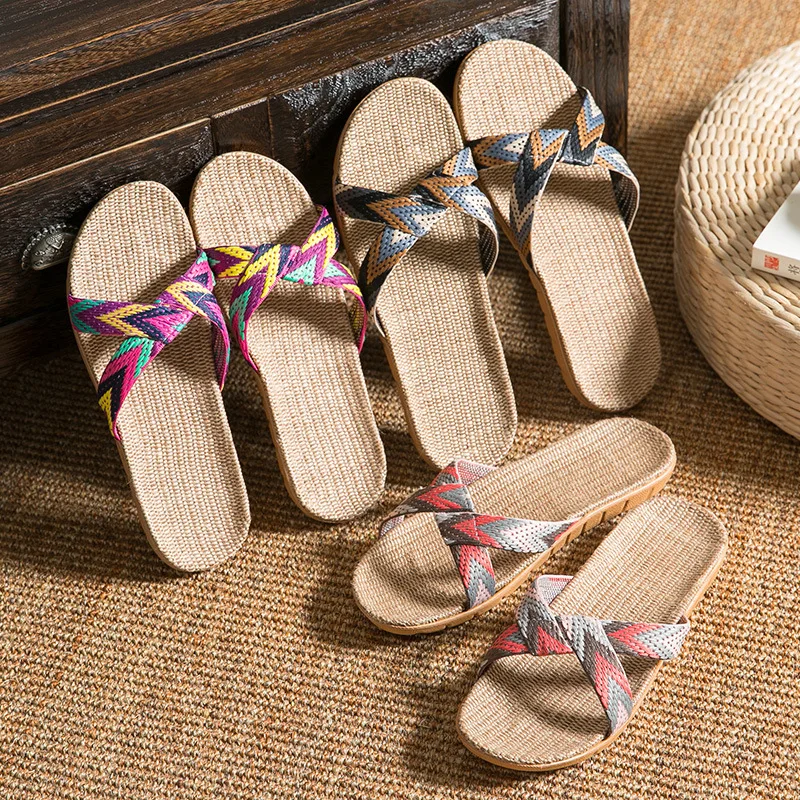 Mntrerm Hot 2023 New Candy Color Flax Home Slippers Striped Cut-outs Summer Indoor Slippers Flats Soft Cool Women Linen Slipper