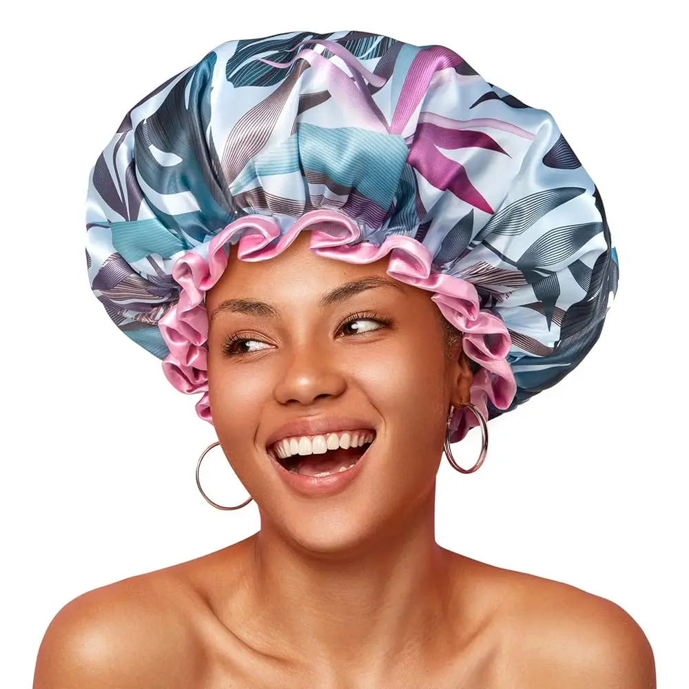 

Large Shower Cap for Women Reusable Waterproof, Hair Cap for Shower with Double Layers, Tropic Style Hair Cover with Elastic