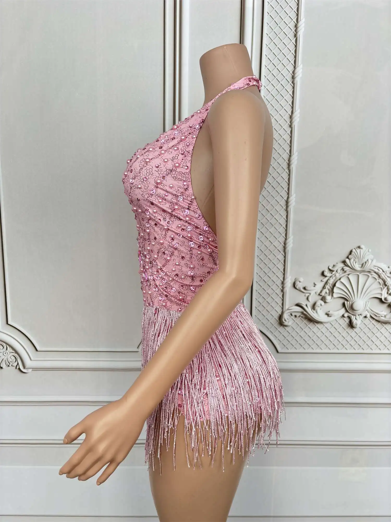 Body Sexy dos nu, décolleté en v profond, strass brillants, cristal, épicé, robe de soirée pour filles, vêtements de spectacle de danse en Club, Guabo