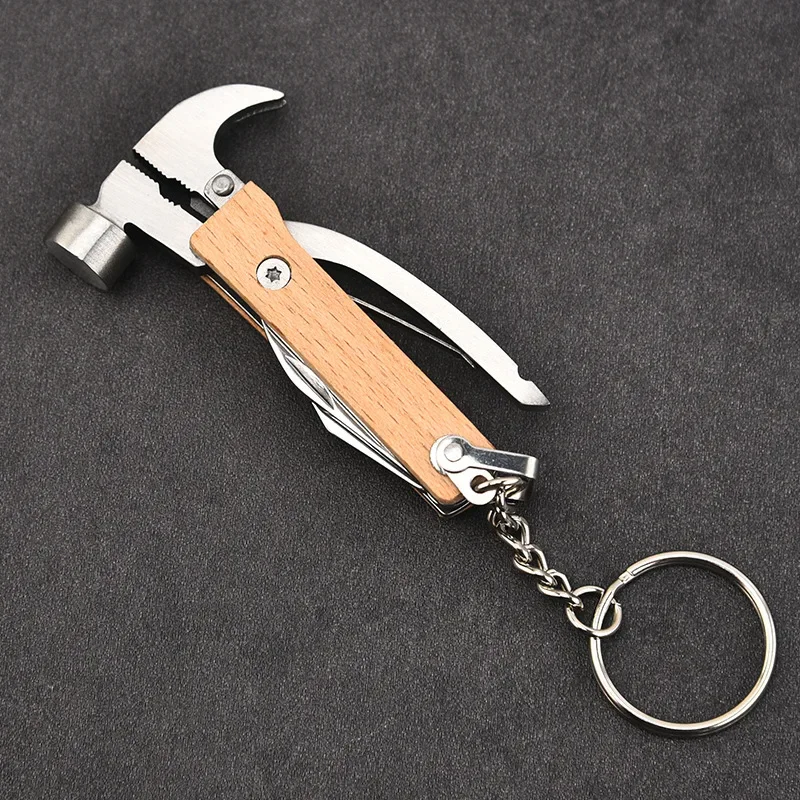 Multi-functional folding mini tool pliers with wooden handle Camping knife pliers Multi-purpose outdoor mini claw hammer