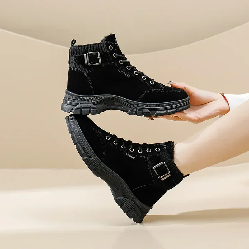 High Platform with Laces Women's Snow Boots Biker Lace-up Round Toe Black Shoes for Woman Boot Female Winter 2024 Padded Trend