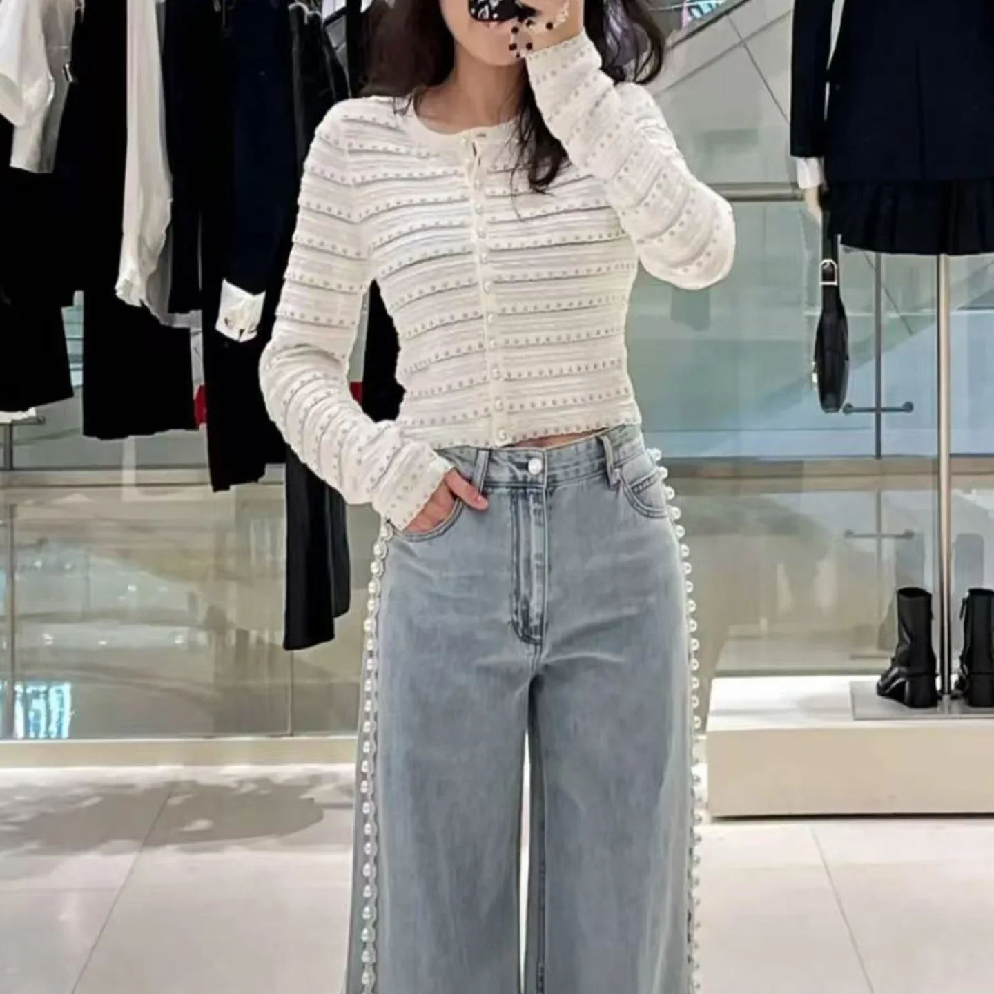 Primavera 2025 nueva mujer redonda Ne Long Sve tejido ort Jaet versátil Ele Quali hecho en chino Faion prendas de vestir exteriores