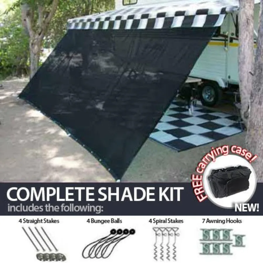 

8' x 19' RV Awning Shade in Black for Motor Home and Trailer Use with Complete Kit Including Carry Bag Canopy Shelter Screen Pa