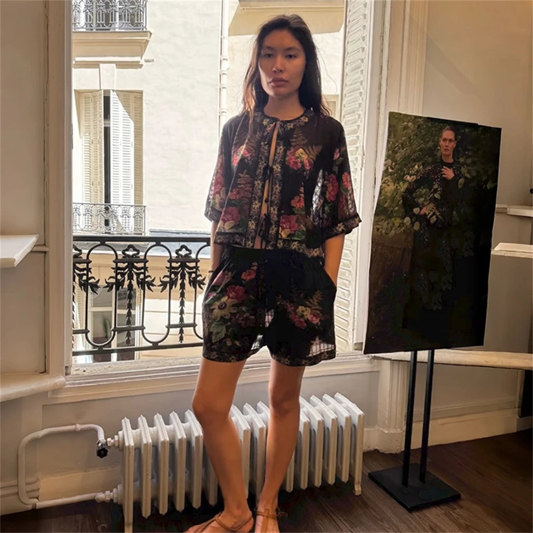 

Romantic Floral Print Se Set Baggy Cotton Spring Shirt Cover up Shorts Women's Breathable Casual Wear French Style Embroidery