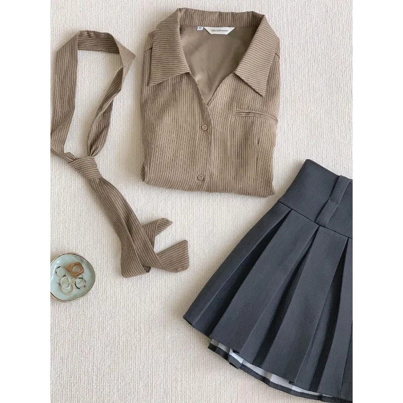 HOUZHOU 2024 Spring Striped Shirts with Tie Long Sleeve Vintage Slim Women Blouse Korean Fashion Aesthetic Old Money Clothes