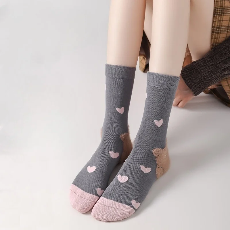 Versatile Casual Women's Socks Ins style Japanese Cute Flocked Kitten 10A Antibacterial Breathable Mid calf Cotton Socks