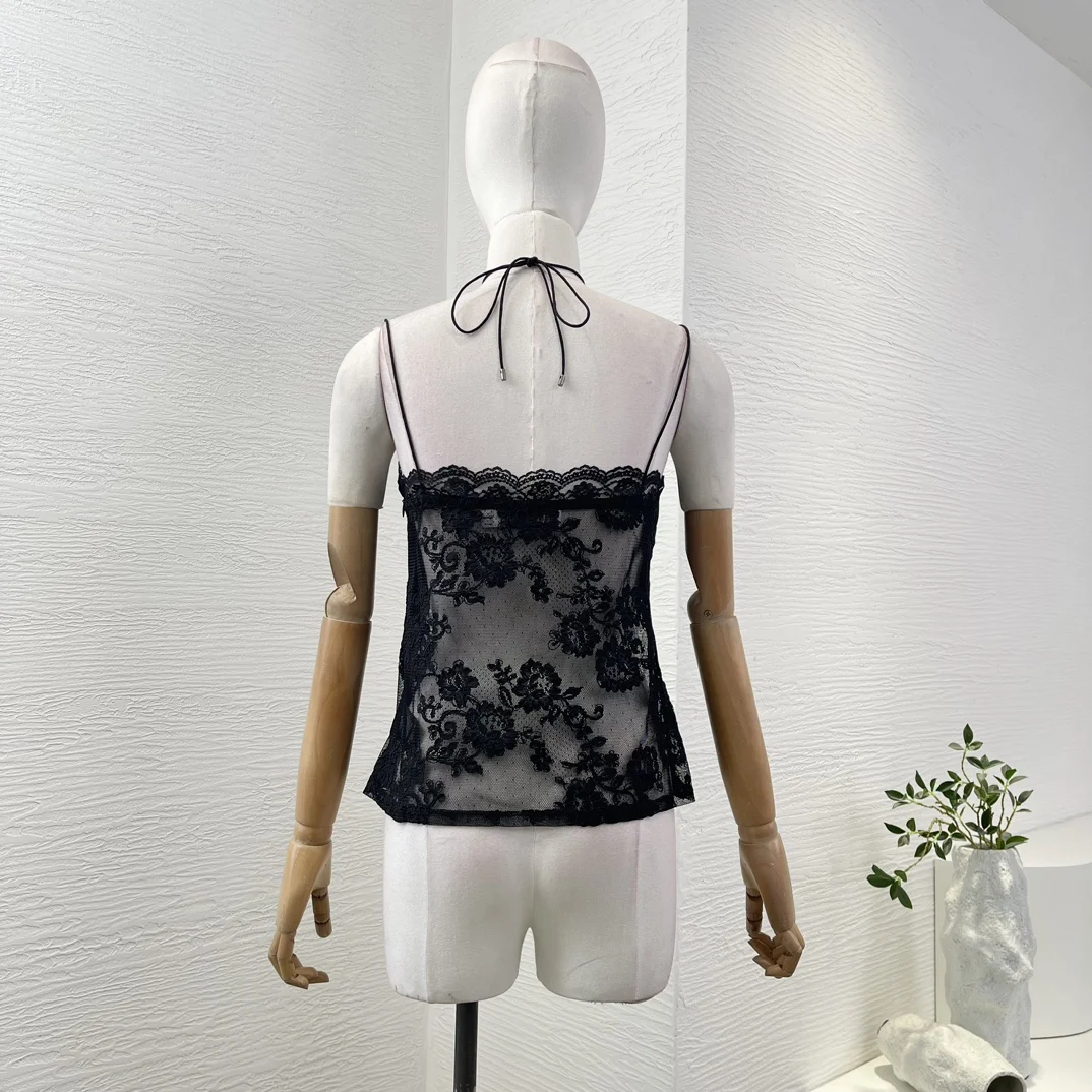 2025 Black Halter Sleeveless Sexy Elegant Top Quality Lace Spring New Fashion Women Astyle Blouse Tops for Party