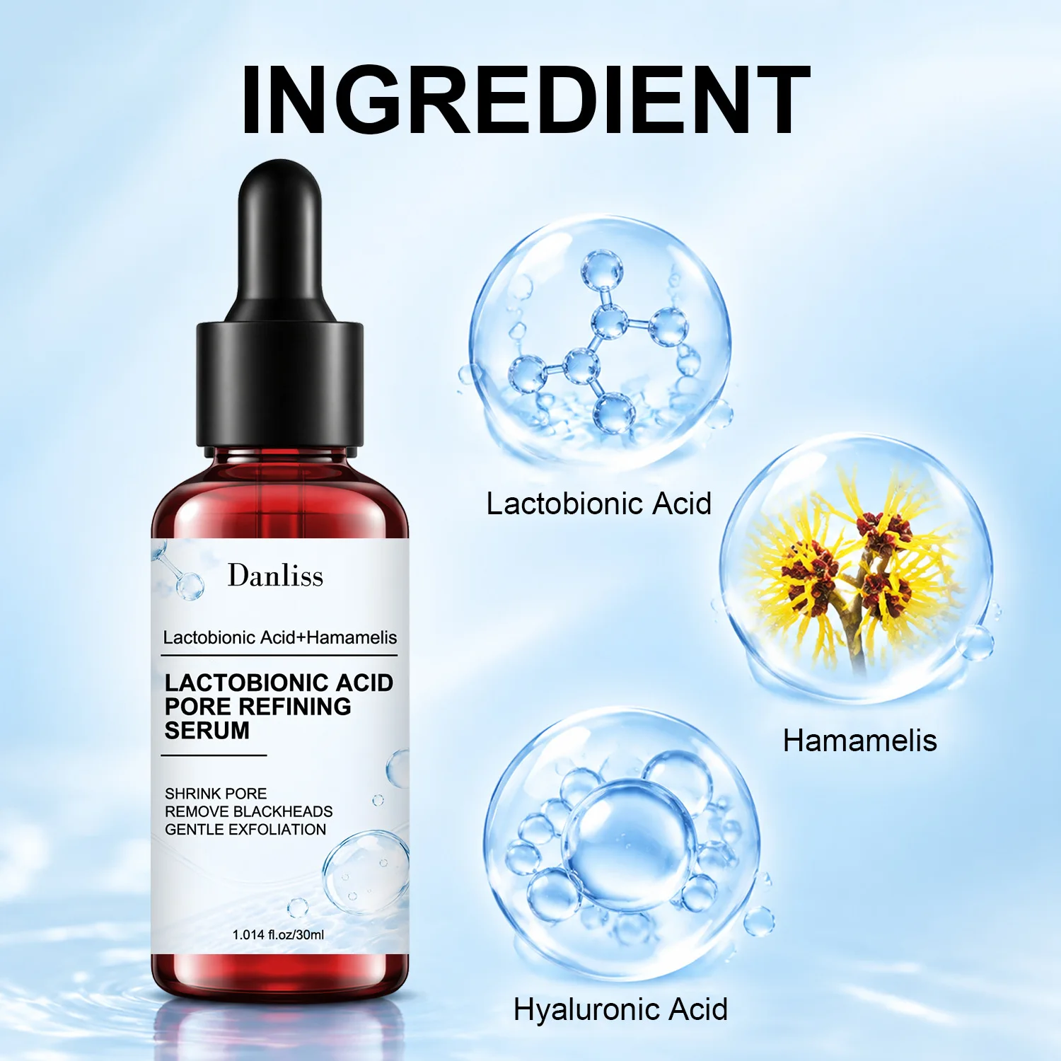 Lactobionic Acid Pore Refining Serum. Hamamelis. Hyaluronic Acid. Shrink Pore. Remove Blackheads. Gentle Exfoliation.