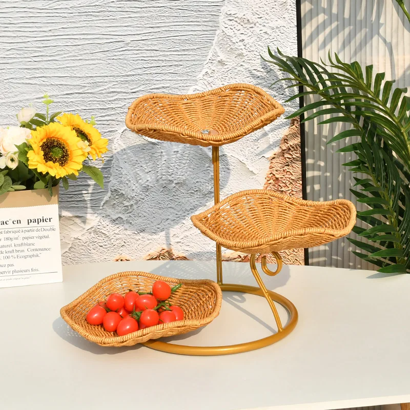 

New Rattan Weaving Welcoming Pine Three Layer Fruit Basket Home Living Room Tea Table Snack Dim Sum Place Creative Fruit Baskets