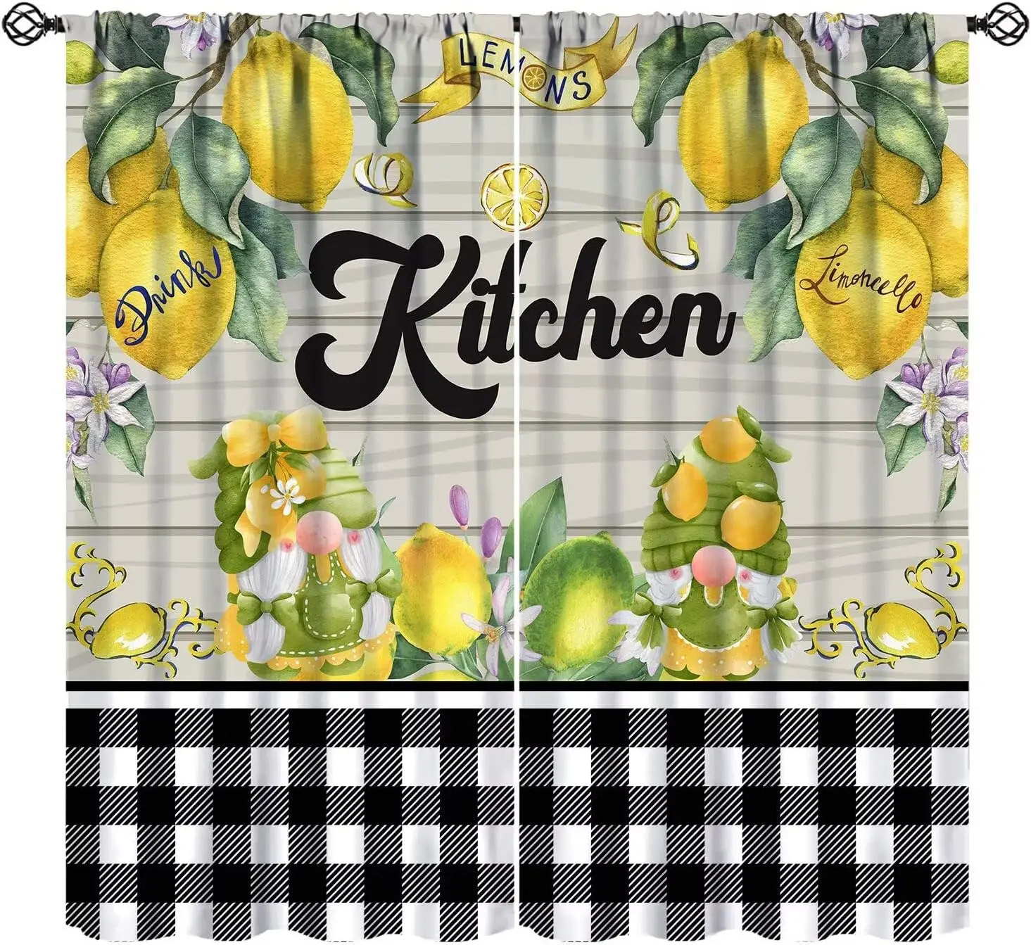 Farmhouse Lemon Curtain Panels, Rustic Gnome Plaid Wood Floral Fruit Art Print Drapes for Cafe Kitchen Dining Room Window Decor