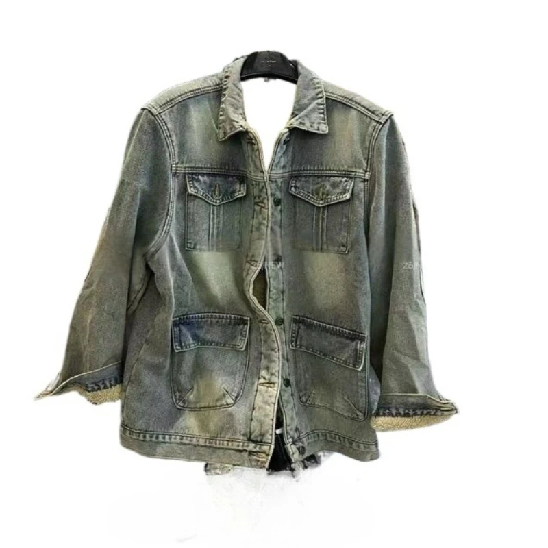 Touch of Nostalgic Fleece Thickening and Is Versatile  New Winter Fashion Multi-pocket Retro American Street Style Denim Jacket