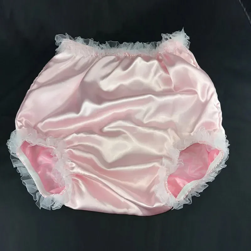 Sexy Pink Pleated Lace PVC Satin Tight Plastic ABDL Briefs Elastic Double layer Soft Silent Waterproof CD Cos Adult Diaper pants