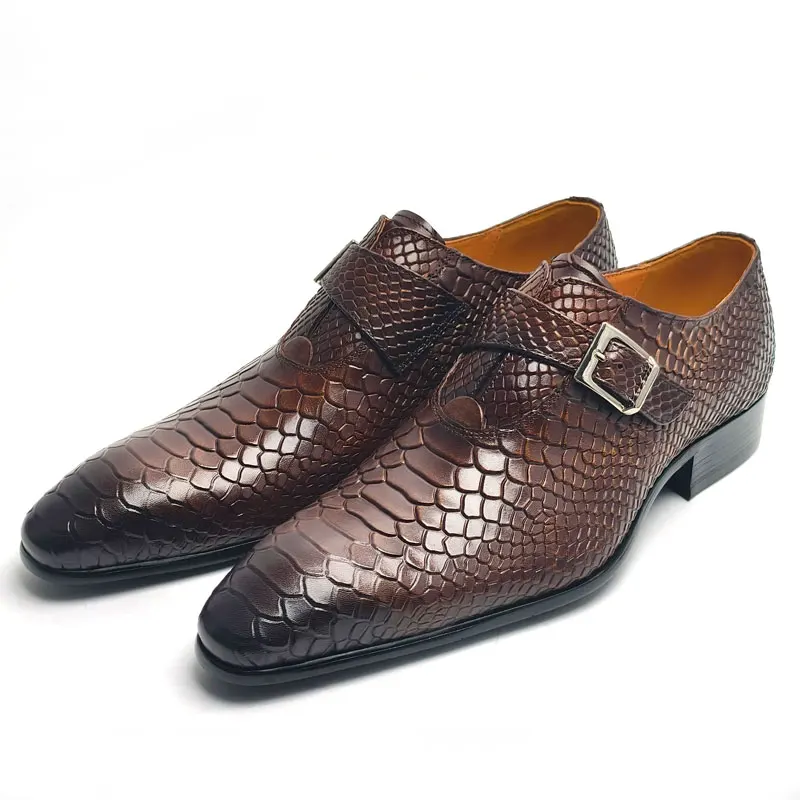 New Men\'s Leather Shoes Comfortable Handmade Oxford Casual Business Monk Style Serpentine Printing Luxury Fashion Dress Man Shoe