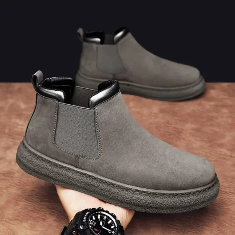 Men's Leather Shoes Slip-on Retro Thick Sole Male Casual Boots Platform Sale In Promotion Low Price Designer Footwear Offer New