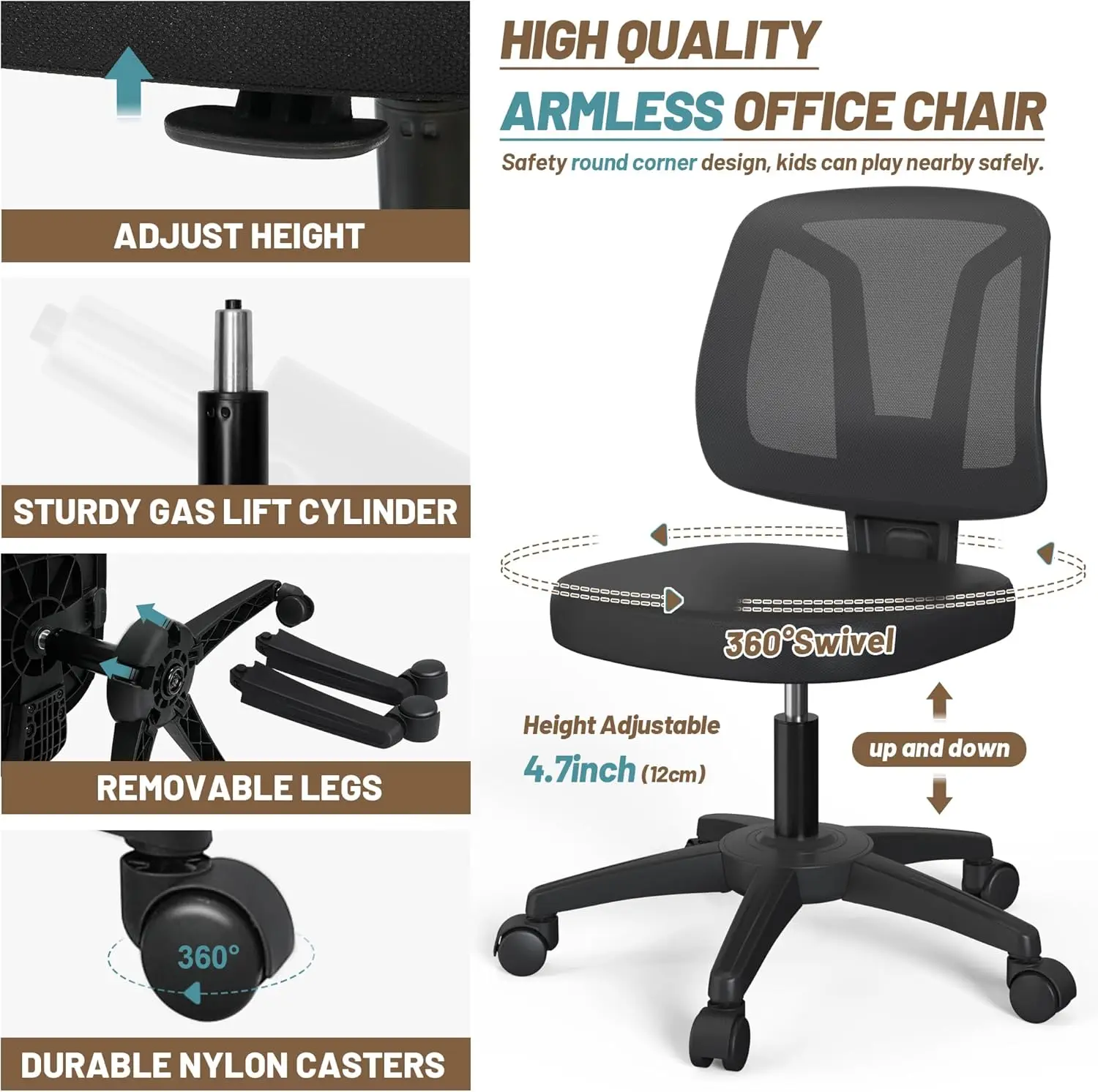 

Armless Rolling Adjustable Office Computer Desk Chair Compact With Wheels, Superior Seat For Home Use