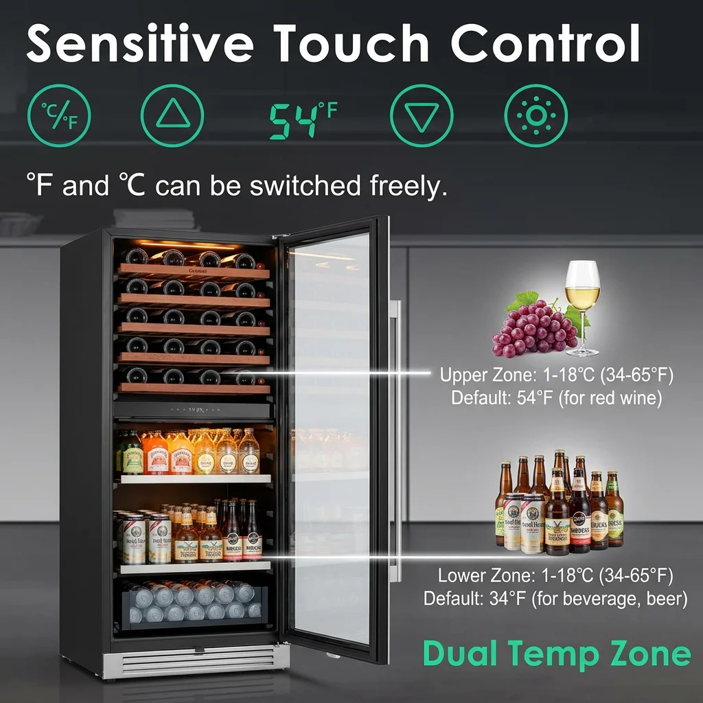 Wine Beverage Fridge Dual Zone Wine Cooler Refrigerator,40 Bottles+112 Cans Freestanding or Built-in Wine Cooler Fridge