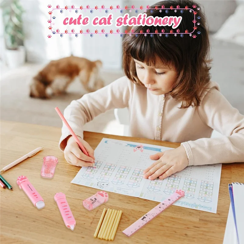 

J1UL1N Cute Cat Paw Stationery Set, 6 Pcs Kawaii Cat Stationary Kit Pencil Sharpener Retractable Eraser Correction Tape Ruler Pi