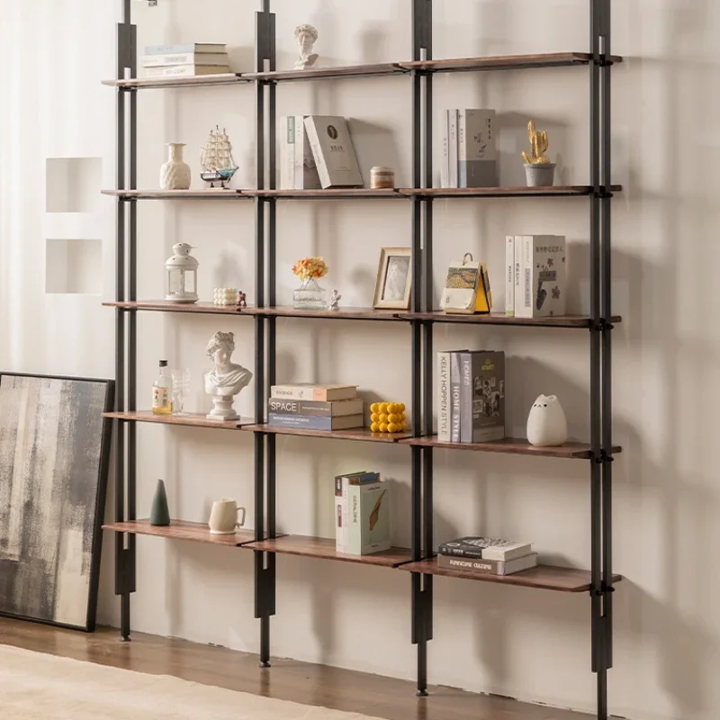 Modern solid wood living room wall display wrought iron storage multi-layer display rack office full wall bookcase