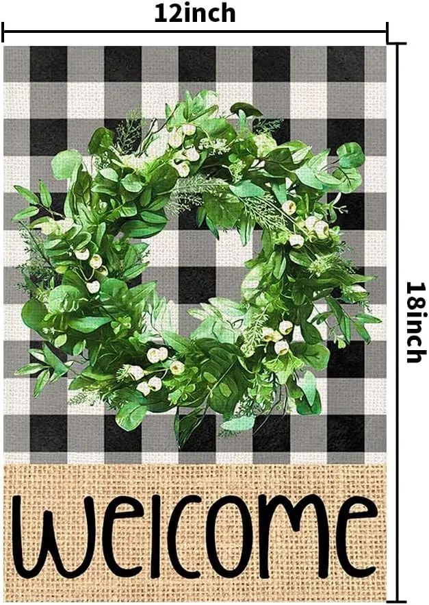 Welcome Spring Garden Flags for Outside 12x18 Double Sided Burlap, Buffalo Plaid Wreath Seasonal Sign Small Yard Flag Farmho yyi