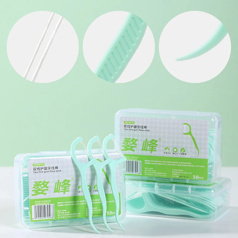 50 Pz Doppia Linea Filo Interdentale Arco Usa E Getta Filo di Plastica Portatile Pulizia Orale Menta Filo Interdentale Aromatizzato Denti Per Adulti Strumenti di Igiene Orale