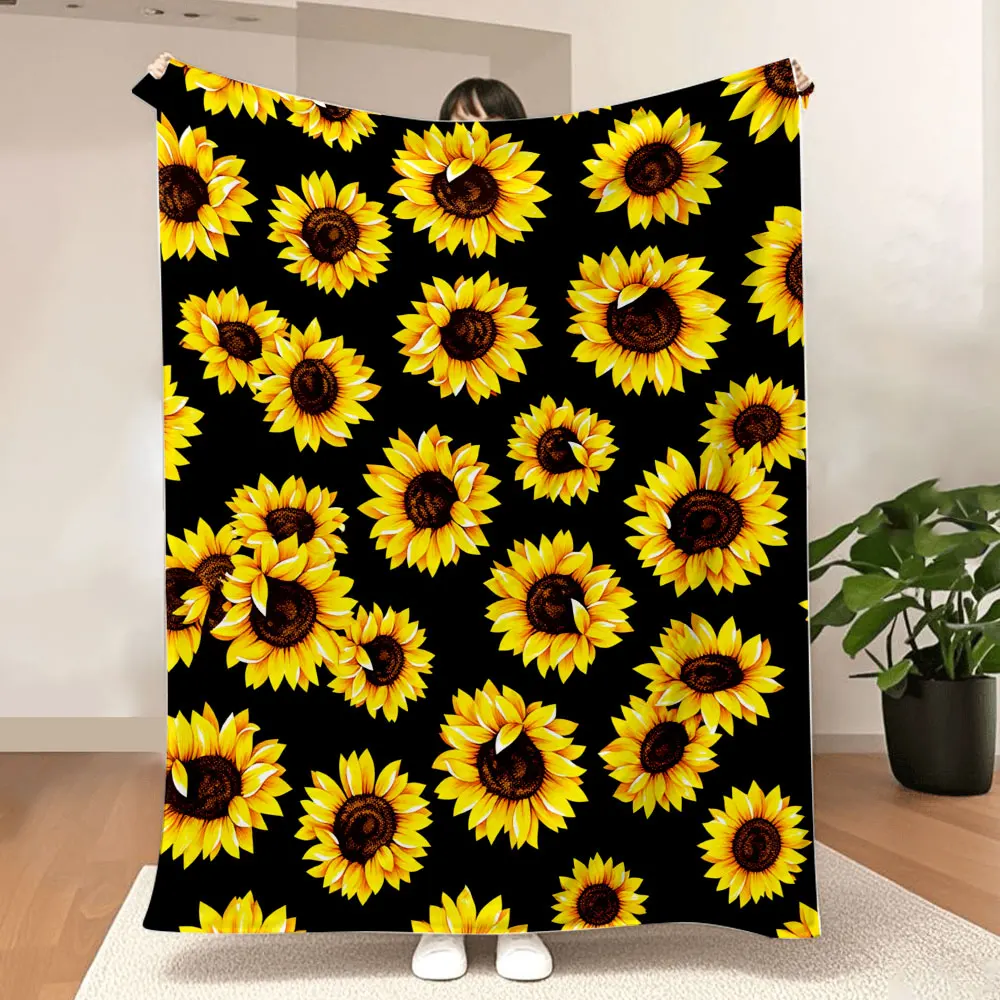Sunflower Pattern Blanket - Vibrant Yellow Petal & Dark Brown Center Sunflowers on Solid Black Background, Dense & Cheerful Desi