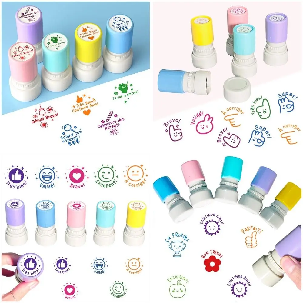 

5Pcs/Set French Teacher Seal Stamp Round Praise French Seal Automatic inking Emotional Expression Stamp Encourage Students