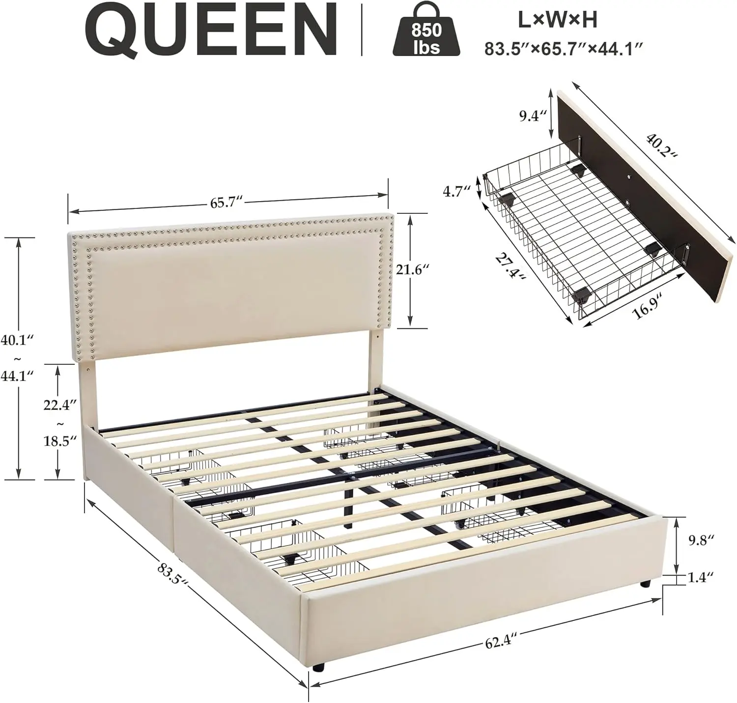 Size Upholstered Platform Bed Frame with 4 Storage Drawers, Adjustable Velvet Rivet Decor Headboard, Wooden Slats Support, No Bo