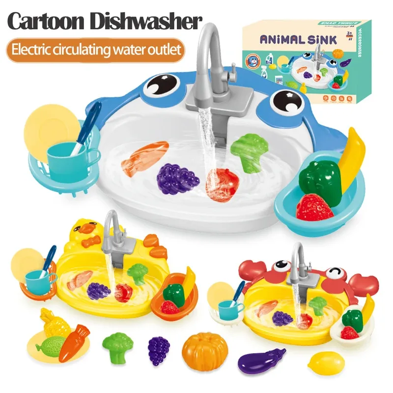 Spielen Sie Küchenspüle-Spielzeug, elektrische Spülmaschine, Spielspielzeug mit fließendem Wasser, Spielen von Essen und Küchenutensilien, Geschenke für Jungen und Mädchen