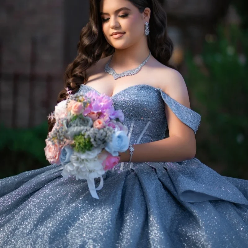 

Shiny Haze Blue Quinceanera Dress Crystal Decal off-shoulder Layering Long tail Bow Vestidos De 15 Quinceanera ﻿Customize