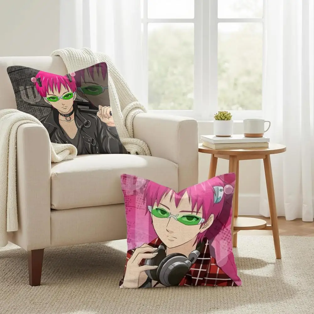 S-Saiki K D-Disasterus Life Cushion Cover Natural Linen Organic Fabric Double-Sided Printing Sofa Home Decor Gift Pillow Cover