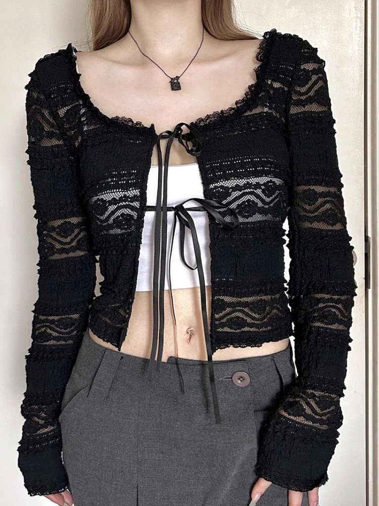 

Korobov Summer Y2k Fashion All Match Drawstring Lace Long Sleeve Solid Slim Patchwork Knitted Cardigan